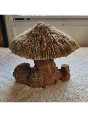 Vintage MCM 1960s Handcrafted Mushroom Sculpture Natural Wood Base & Mushroom Ca
